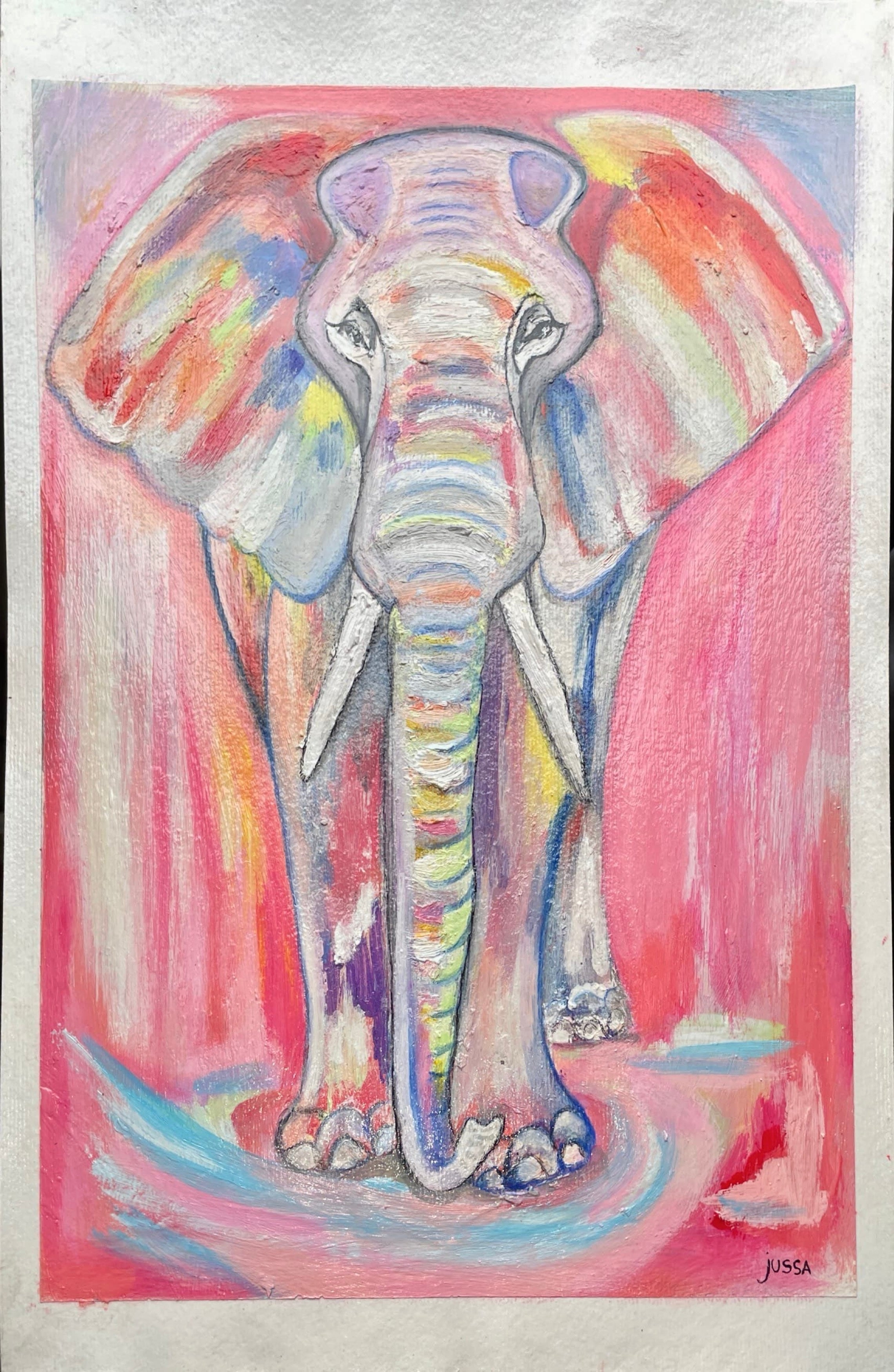 Meu Elefante Rosa, 42cm x 52cm - Técnica Mista, Em Cartão A3 - Obra Exclusiva